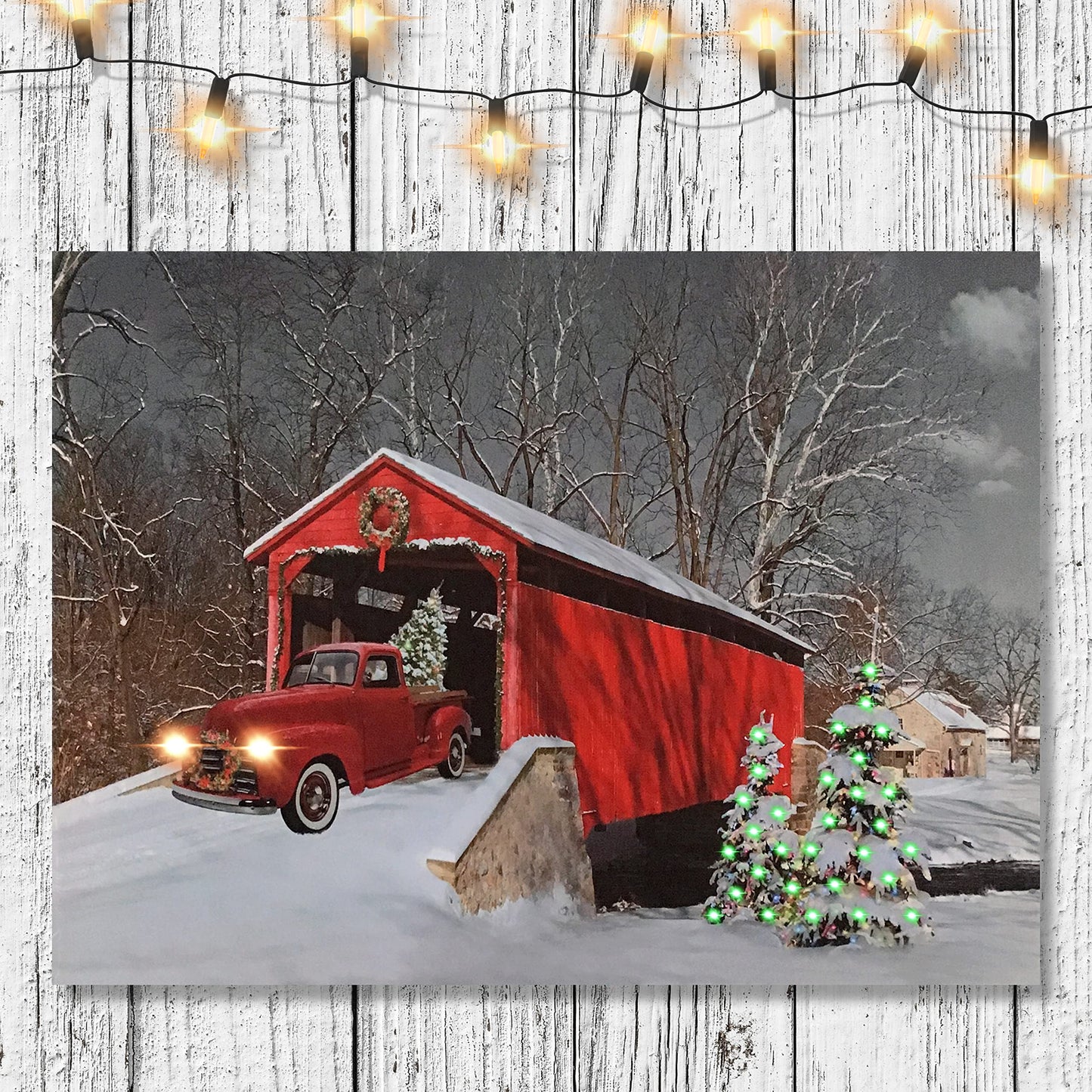 BANBERRY DESIGNS LED Wall Art - Lighted Red Truck Covered Bridge Canvas Print - Christmas Picture with LED and Fiber Optic Lights - Winter Scene Wall Art - Measures 11.75" X 15.75"