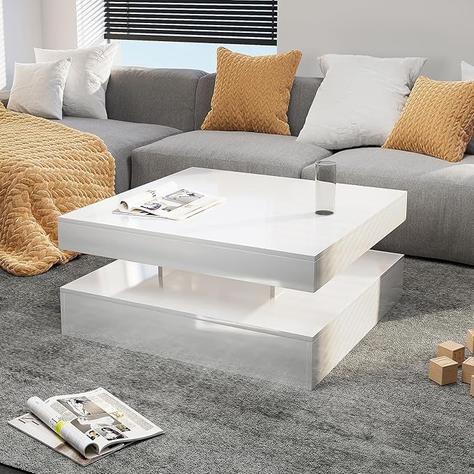 HedoAjim LED Coffee Table for Living Room, Living Room Table 2-Tier Square