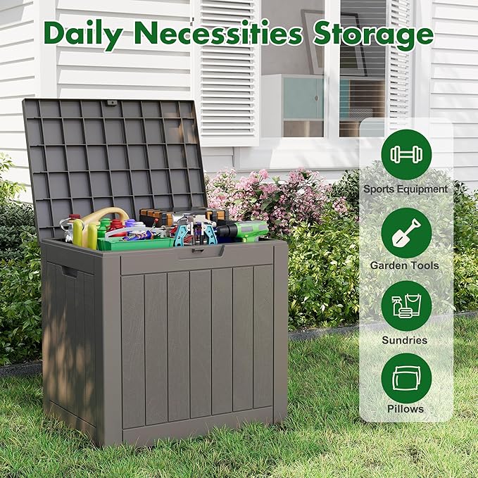 Outdoor Storage Box, Resin Deck Boxes Indoor and outdoor, Waterproof Storage Box Lockable Lid (Grey,32 Gallon)