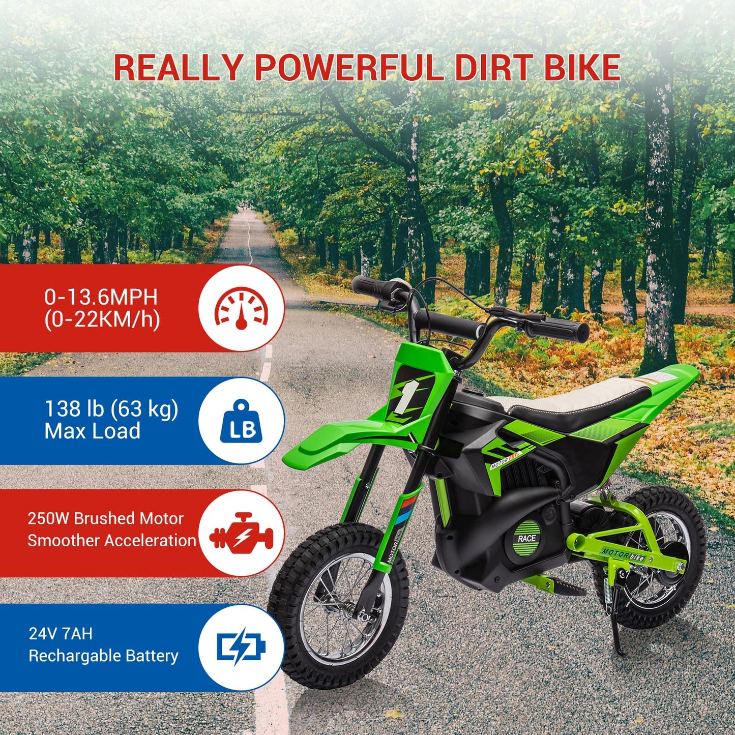 GarveeLife 24V Kids Ride On Electric Off-Road Motorcycle,250W Motor 13.6MPH Fast Speed Dirt Bike Motocross,Leather Seat,Twist Grip Throttle,Metal Suspension,Air-Filled Tires for Kids Riding Toy,Green