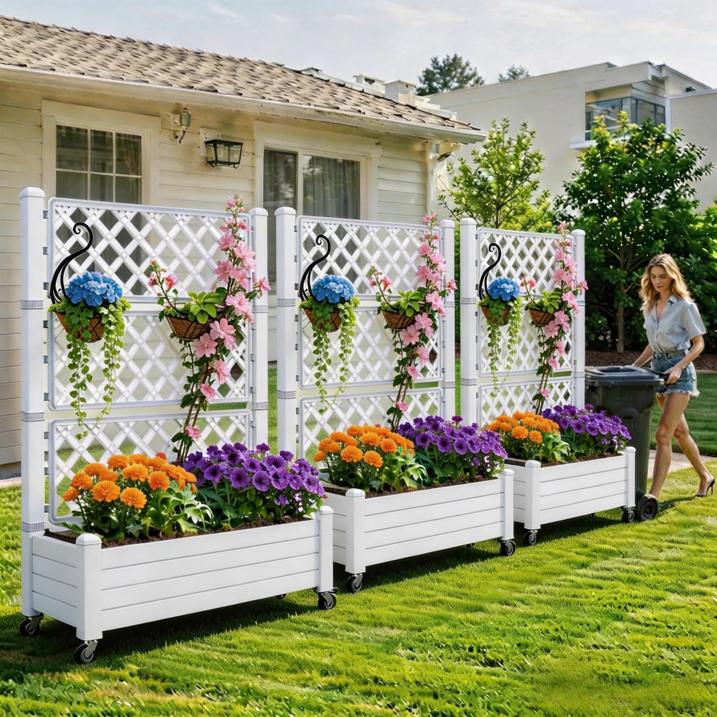 YITAHOME 43.3x17.7x61 in Planter Boxes Outdoor with Trellis, Resin Raised Garden Bed with Wheels & Drain Plug for Climbing Plants, Weather-Resistant Design Elevated Garden Bed with Trellis, White