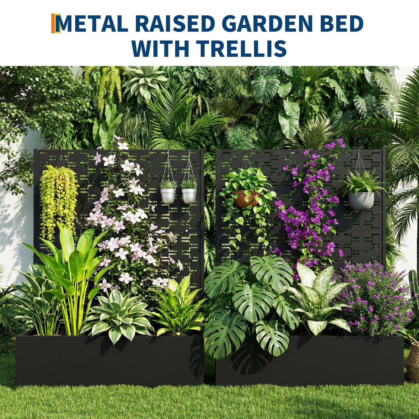 Garvee Metal Planter Box with Trellis, 45.7"x45"x15" Raised Garden Beds with Trellis for Climbing Plants Vegetables, Privacy Screen Planter Box with Drainage Holes for Patio Balcony, Black