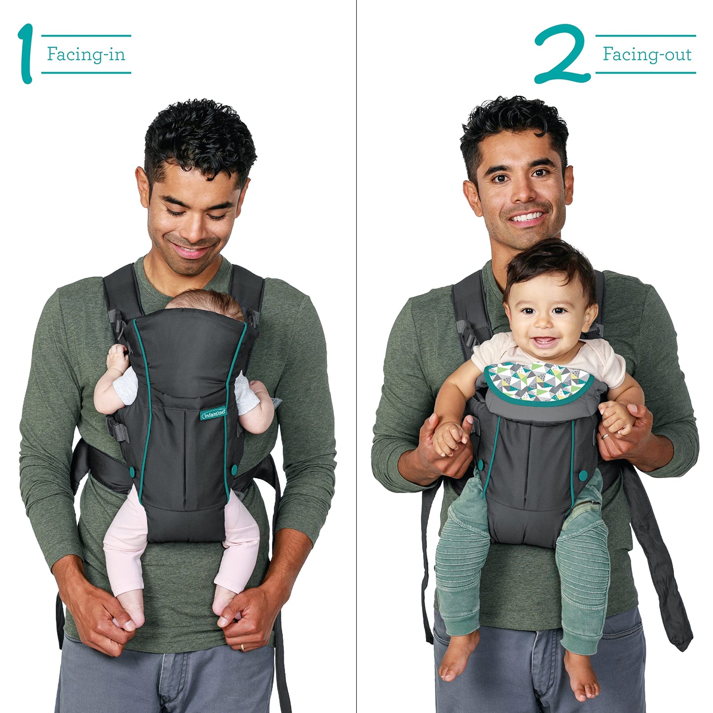 Infantino Swift Classic Baby Carrier, 2 Ways to Carry with Wonder Cover Bib, Adjustable Strap, Registry Essential, Baby Carrier for Newborn to Toddler 3,18-11,79kg, Gray