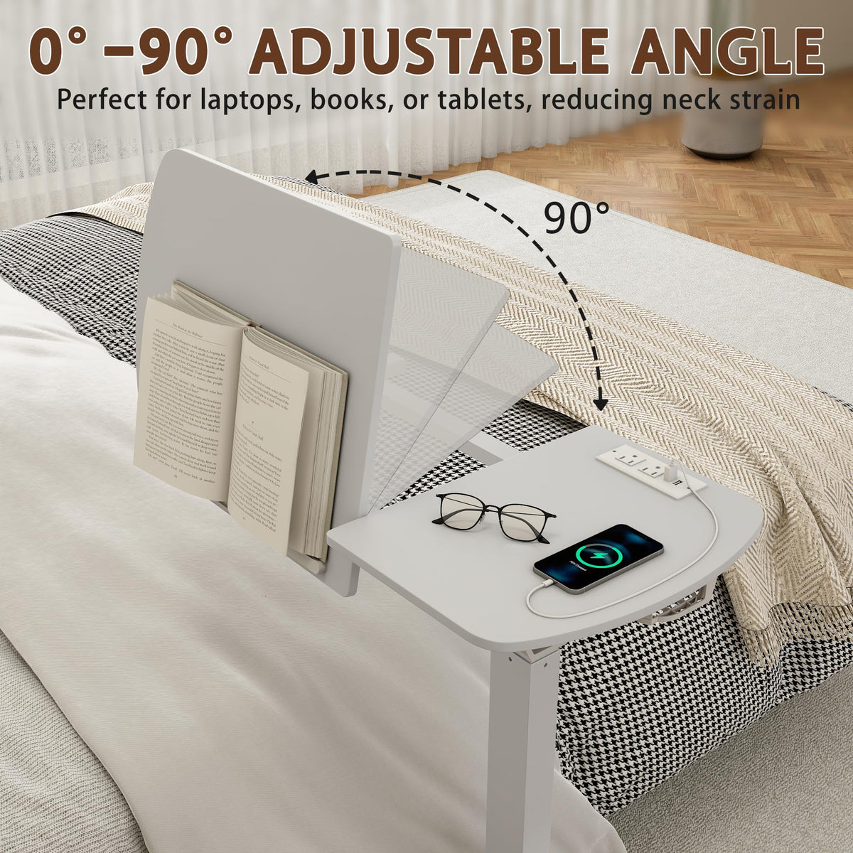 6 In 1 Overbed Bedside Table with Wheels, 32'' Long 90° Medical Adjustable Tilt Hospital Bed Table, Standing Desk with Charging Station Cup Holder Hook, 30''-43'' Height Home Hospital Office (White)