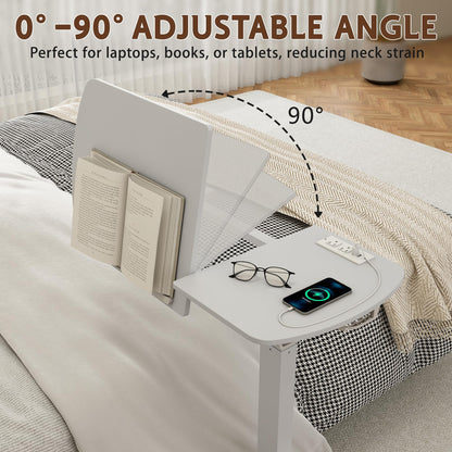 6 In 1 Overbed Bedside Table with Wheels, 32'' Long 90° Medical Adjustable Tilt Hospital Bed Table, Standing Desk with Charging Station Cup Holder Hook, 30''-43'' Height Home Hospital Office (White)