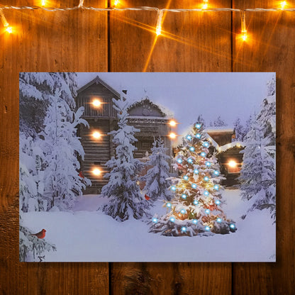 BANBERRY DESIGNS Lighted Wall Art - Cabin in the Woods Christmas Canvas Prints - Canvas Holiday Print with Cardinals Snow and Trees - LED - Measures 12" X 16"