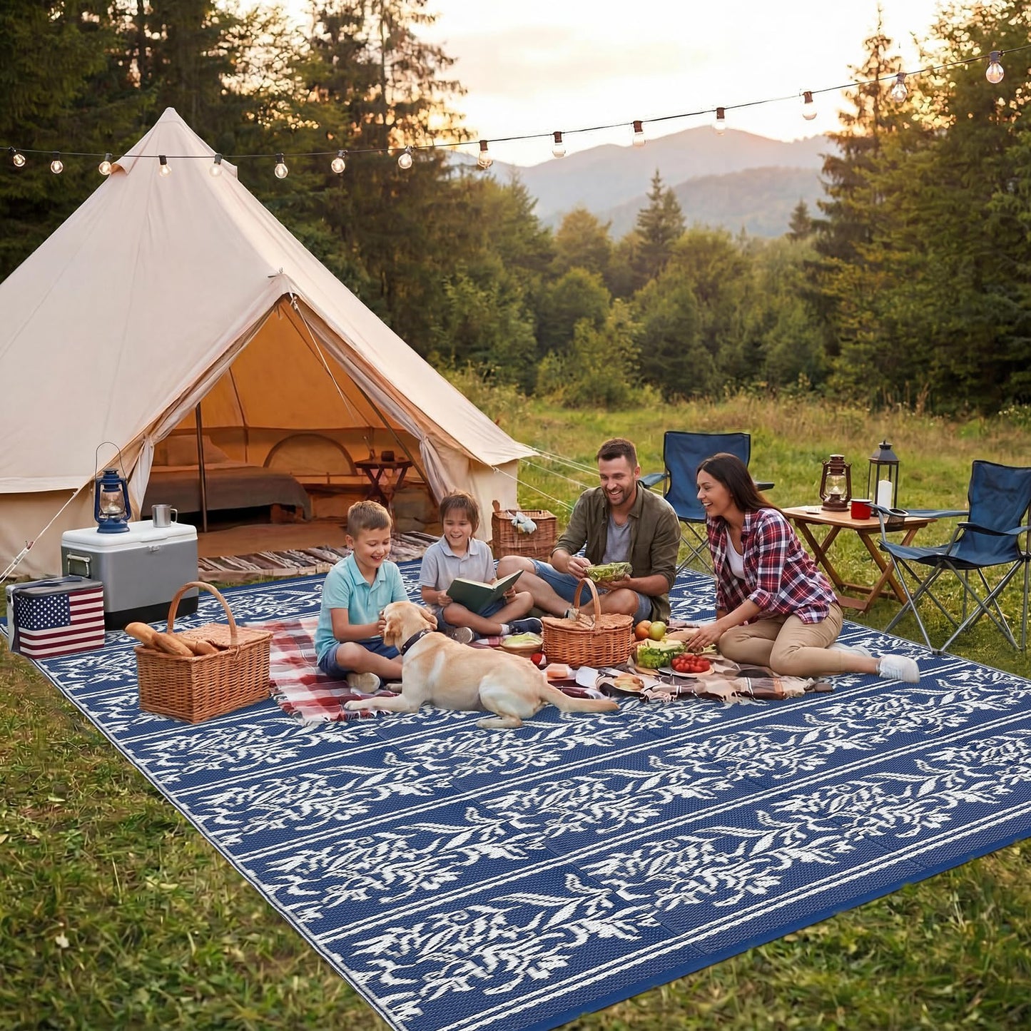 GarveeHome Outdoor Rug 9x18 Waterproof for Patio, Reversible Outdoor Plastic Straw Rug, Wallpaper Flower Indoor Outdoor Mat Carpet for RV, Camping, Deck, Backyard, Picnic, NavyWhite