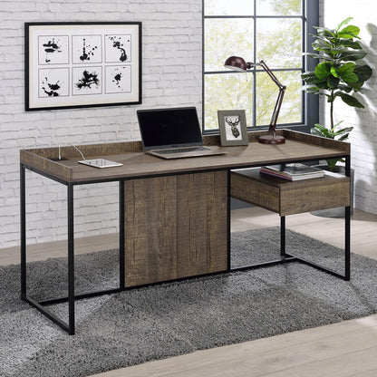 24/7 Shop at Home Lochlan Industrial 1 Drawer Metal Writing Desk with USB Port, Power Outlet, 1 Shelf for Workstation, Home Office, Study Room, Matte Black and Oak Brown