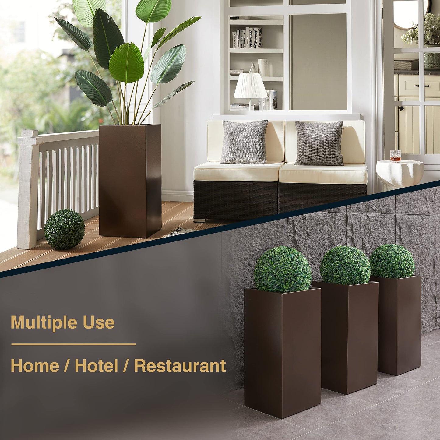 Wallowa Large Planter for Outdoor Plant 14Lx14Wx30H Inches Metallic Heavy Tall Planter Box for Outdoor & Indoor, Rectangular Flowerpot 25Lbs/PC, Espresso, No Assembly and Seamless, Set of 2