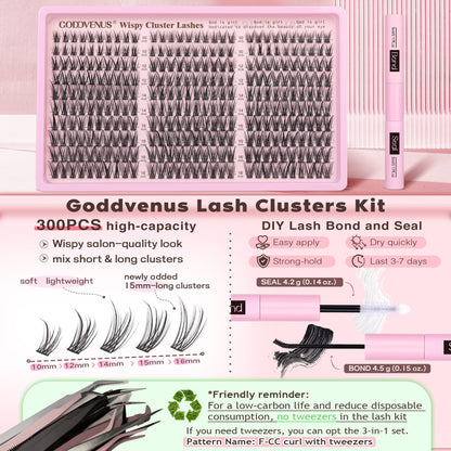 Goddvenus Lash Clusters Kit Wispy Eyelash Clusters Lashes Natural DIY Lash Extension Kit 10-16mm Cluster Eyelash Extensions Kit 300pcs C Curl Individual Lashes Cluster Eyelash (No Tweezers)