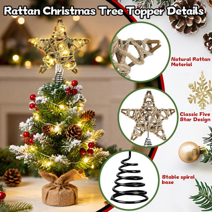 Joytry Christmas Tree Topper Rustic Christmas Tree Topper Star 6 Inch, Battery Operated Lighted Jute Rattan Star Warm White Light Christmas Tree Decoration for Small Tabletop Christmas Trees