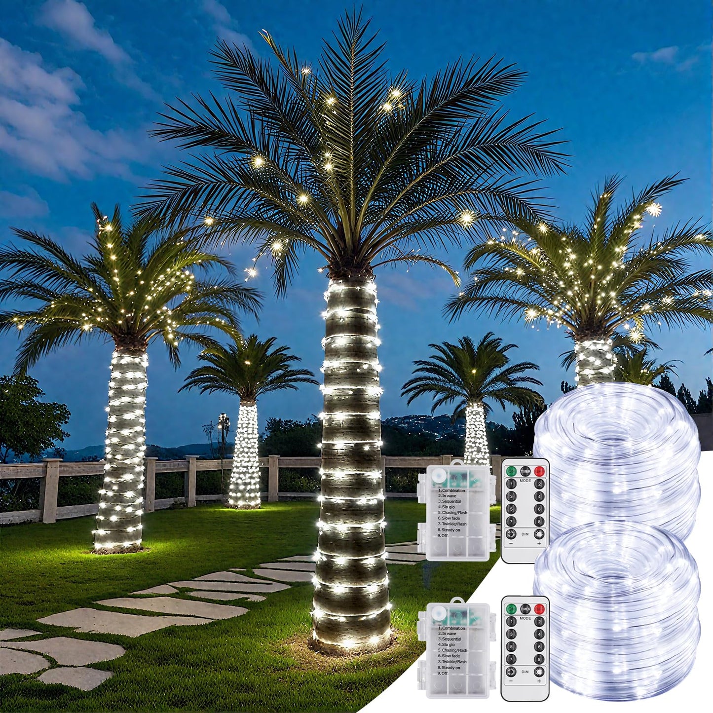 SFNDOU 2 Pack Battery Powered String Lights Waterproof with Remote Total 66ft 200LED Timer 8 Modes Battery Operated Outdoor Lights for Christmas Decor Trampoline Camping Tents, White