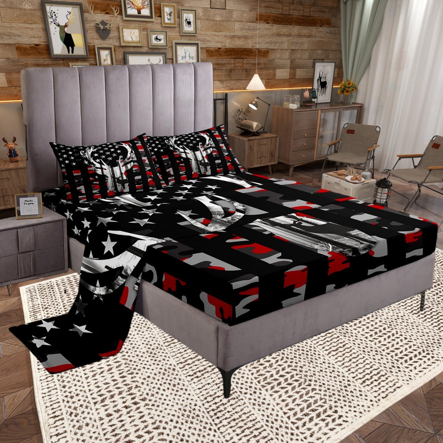 Kids Camouflage USA Flag Bed Sheet Set King Size,Wild Animal Deer Antlers and Trees Quality Brushed Microfiber Luxury Bedding Set, Red Camo American Flag Bedding (1 Fitted,1 Flat,2 Pillowcases)