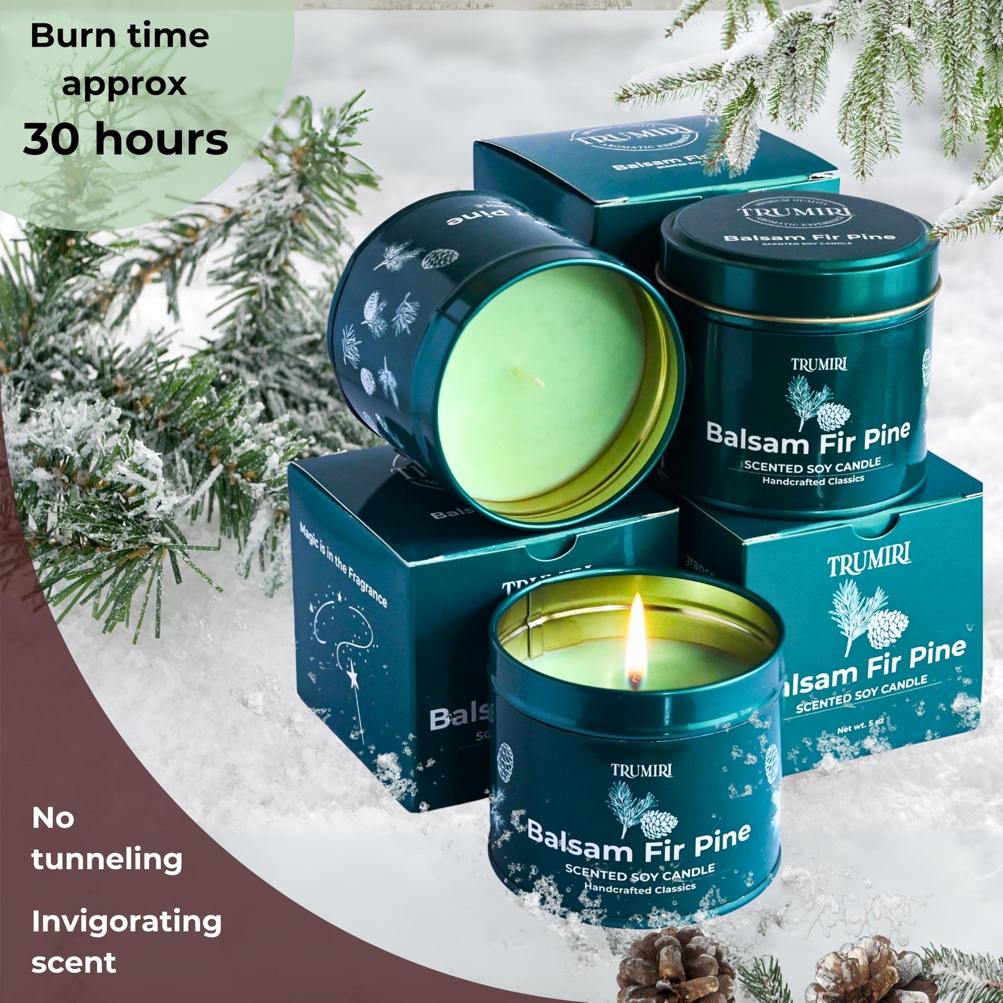 Balsam Fir Pine - Soy Candles for Home Scented - Pack of 3 x 5oz Natural Clean Non Toxic - for Fall Winter Christmas Holidays - Long Lasting Highly Scented Pet Safe - Velas Aromáticas para el Hogar