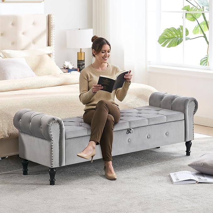 Storage Bench for Bedroom, Velvet 67" End of Bed Bench, King Size Benches