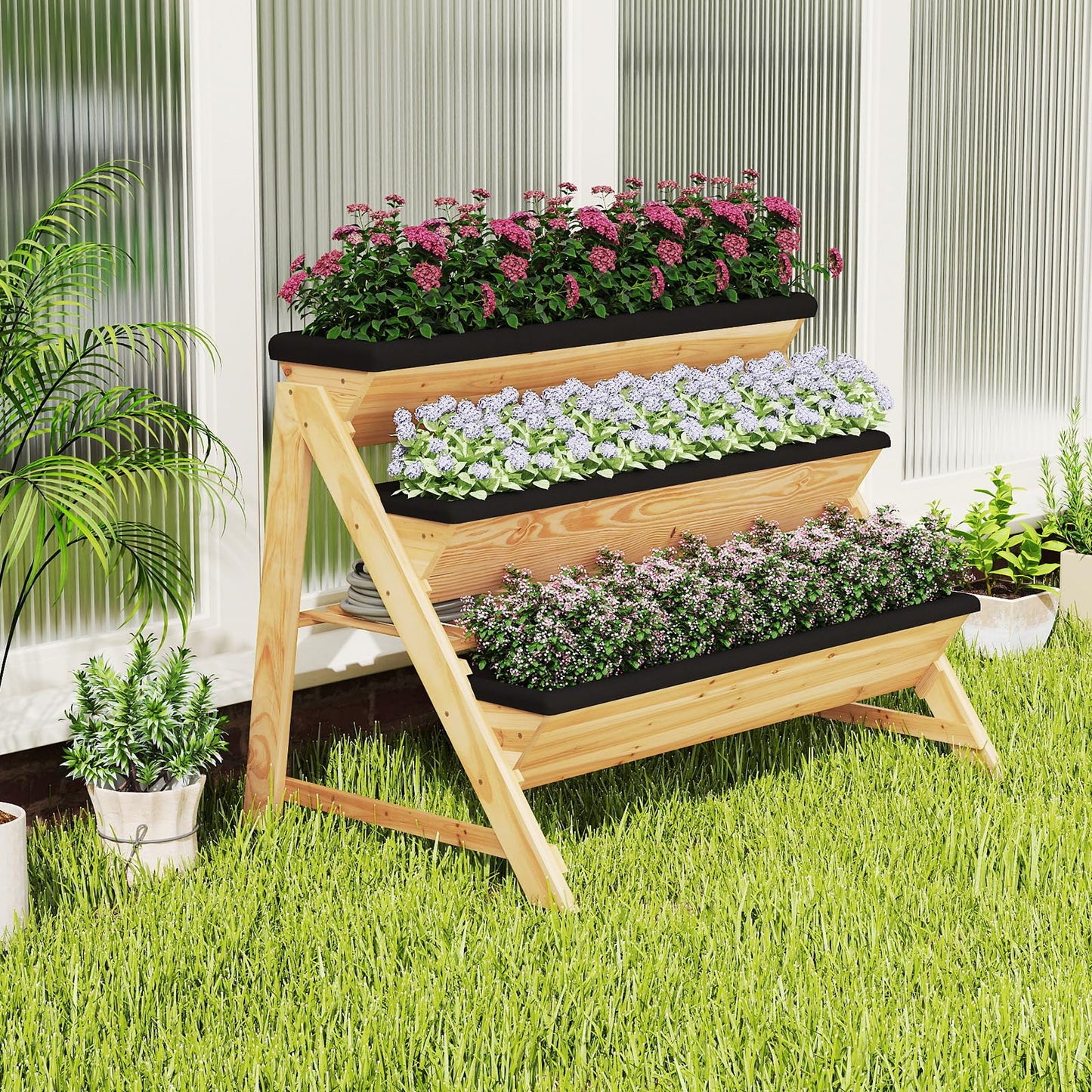 Giantex 3-Tier Vertical Raised Garden Bed, Wood Elevated Planter Box with Legs, Storage Shelf, Liners for Growing Vegetables Herbs Flowers, Indoor Outdoor Freestanding Raised Bed for Patio (Natural)