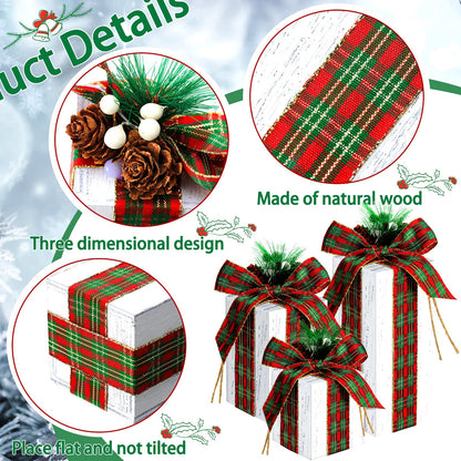 Amyhill 3 Pcs Christmas Wooden Gifts Box Decor Christmas Plaid Presents Table Centerpieces Rustic Wooden Gifts Tiered Tray Decor with Buffalo Plaid Bowknot for Xmas Party(White,Retro)
