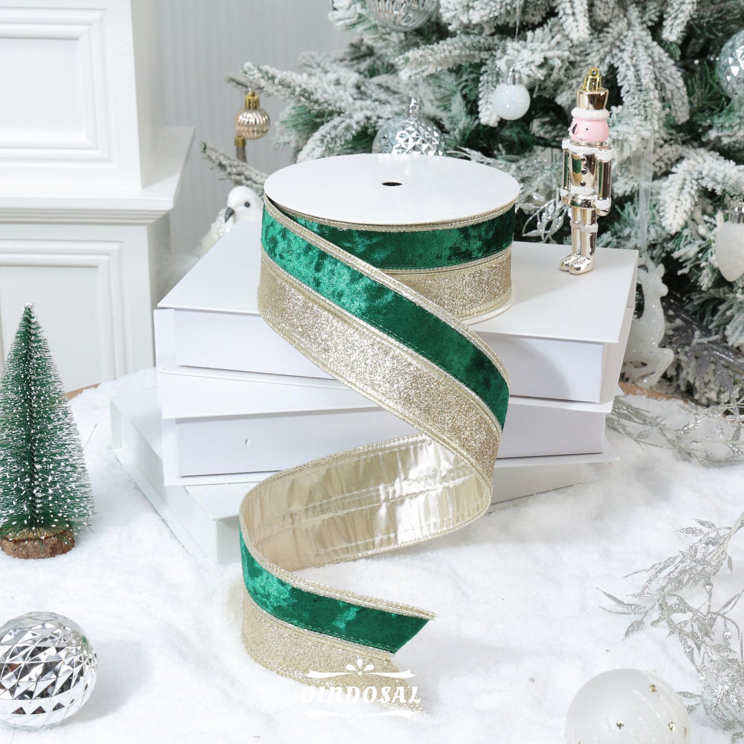 DINDOSAL Green Velvet Wired Ribbon, 2.5 Inch x 10 Yards