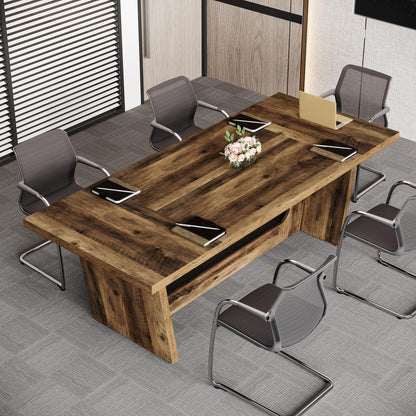 Tribesigns 6 FT Conference Room Table, 71”Large Executive Seminar Desk for 6–8 People, Rectangular Meeting Table for Office, Heavy-Duty Business Boardroom Table with Wooden Pedestal Base, Dark Brown