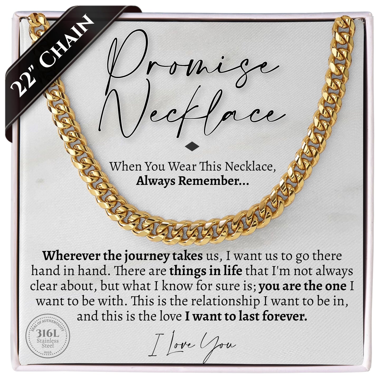Love You This Much Promise 5mm Cuban Chain Necklace for Him, 22" Length + Luxury Box, Sentimental Gift for Him, BF Present for Birthday, Gift Ideas for Boyfriend Christmas (18k Gold Finish)