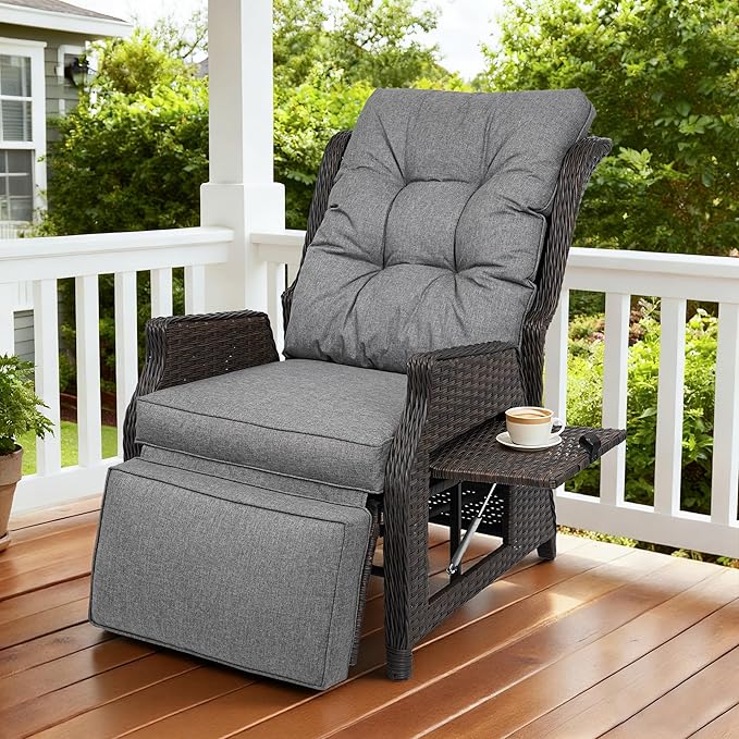 Outdoor Indoor Wicker Recliner with Adjustable Back and Footrest, Patio Reclining Chair with Flip-up Table, Outdoor Rattan Lounge Chair, Grey