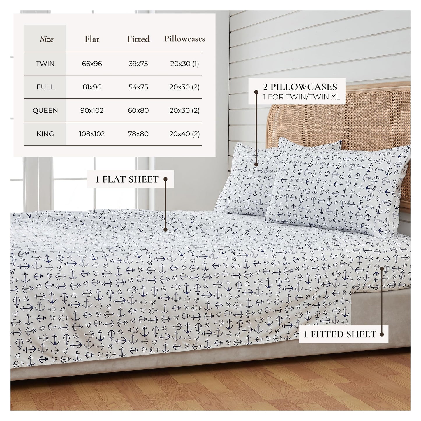 Great Bay Home Twin Coastal Microfiber Sheet Set - 3-Piece Nautical-Printed, Ultra-Soft Sheets - Beach-Themed Bedding Sheets & Pillowcases (Anchor)