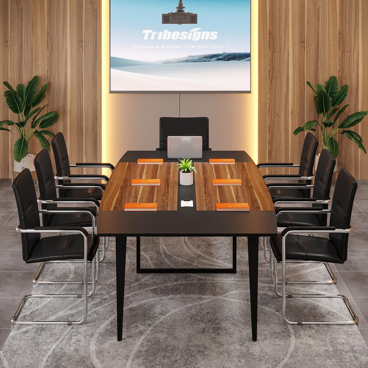 Tribesigns 8FT Conference Table, 94.48L x 47.24W x 29.52H Inches Boat Shaped Meeting Table with Rectangle Grommet, Modern Seminar Boardroom Table for Office Conference Room (8ft, Walnut & Black)