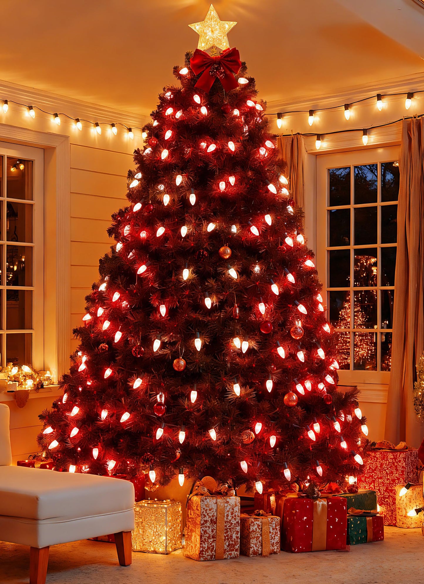 100 Feet Led Christmas Lights, Red and Warm White C9 Christmas String Lights Outdoor, 100 Strawberry Bulbs Connectable UL Certified for Indoor Outdoor Roofline Patio Holiday Party Backyard Decor