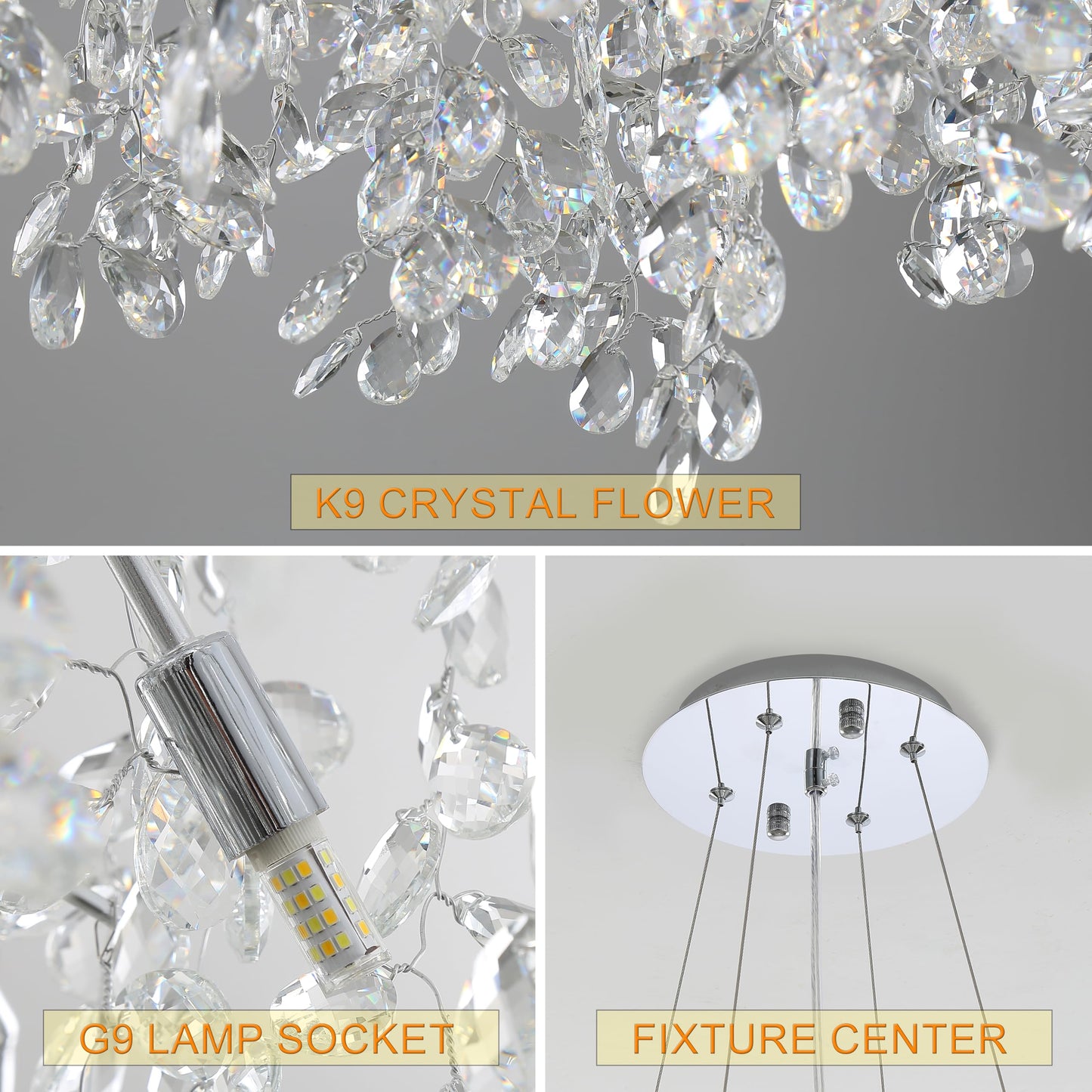 KVTOEP 24 Inch Silver Tree Branch Crystal Chandelier, 6-Light G9 Base K9 Crystal Pendant Light, Adjustable Fixture for Dining Room, Living Room & Staircase