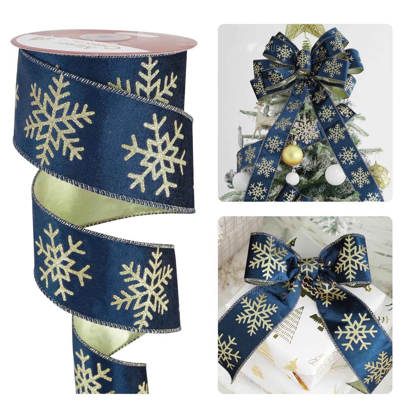 AIMUDI Navy Blue Velvet Ribbon 2.5 Inch Navy and Gold Snowflake Christmas Wired Ribbon for Gift Wrapping, Wreaths, Christmas Trees, Garlands, Holiday Crafts, Topper Bows, Home Decor 10 Yards