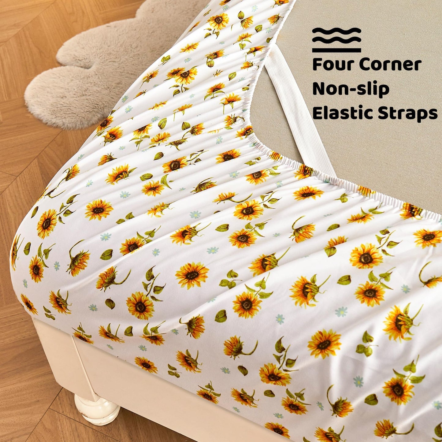 Softan Yellow Floral Sheet Set King, Sunflower Printed Bed Sheets King, Brushed Microfiber Fitted Sheet with 15" Deep Pocket & Non-Slip Straps, Yellow Flower Patterned Sheet & Pillowcase Sets
