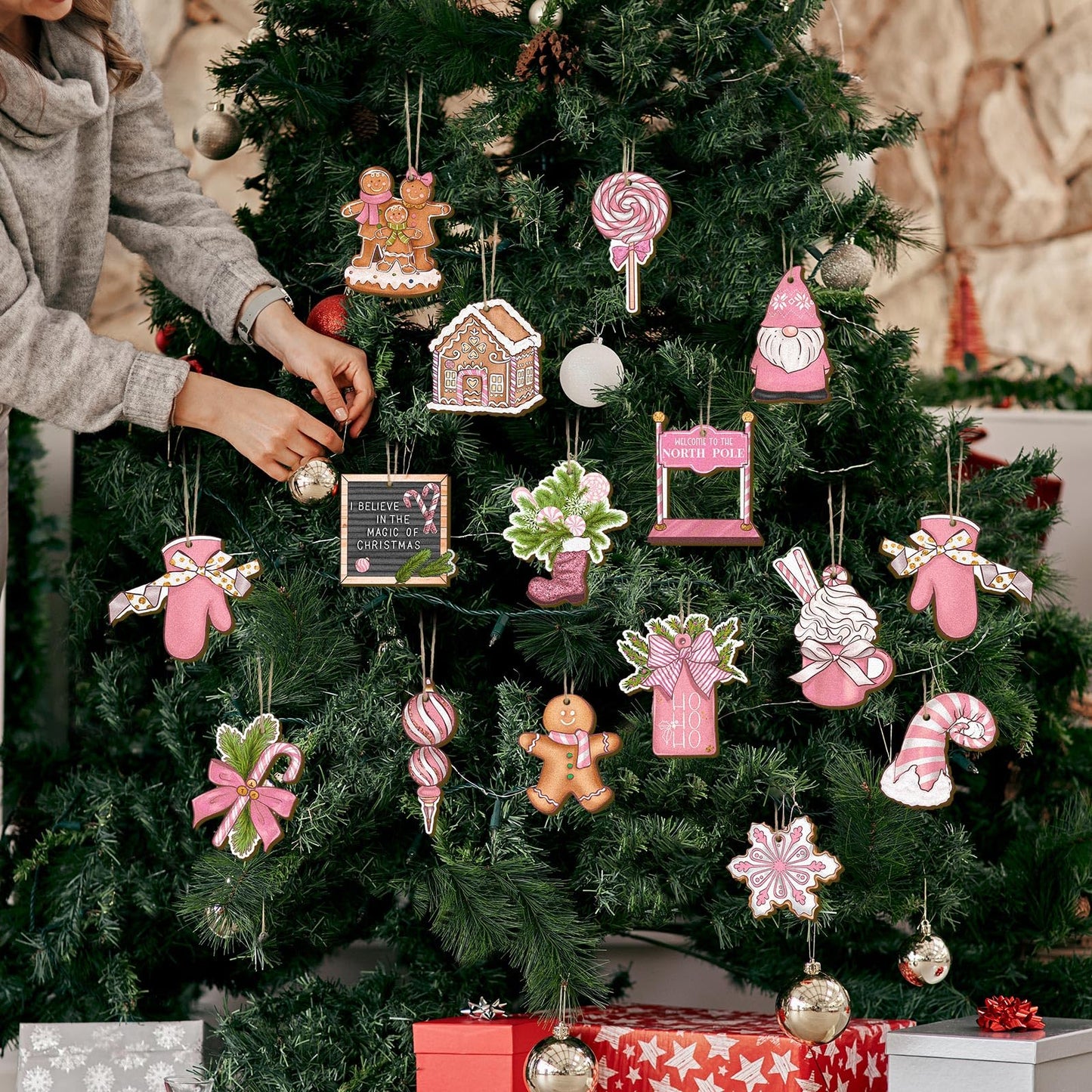 Huwena 40 Pcs Christmas Wooden Ornaments Winter Decorations for Xmas Tree Gingerbread Nutcracker Snowman Gnome Wood Cutouts for Small Tree Wreath Decor(Pink Pastel,Nutcracker & Gingerbread)