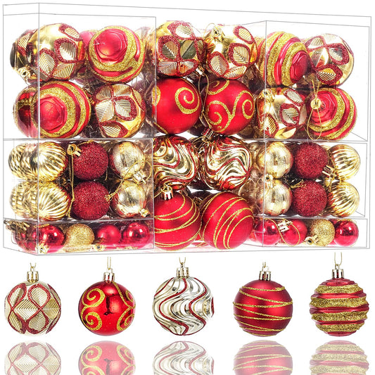 100Pcs Shatterproof Christmas Ornaments Set for Tree Large Christmas Tree Baubles Bulk Christmas Decor with Assorted Designs Perfect Christmas Ball Ornaments for Holiday Decorating, Red Gold