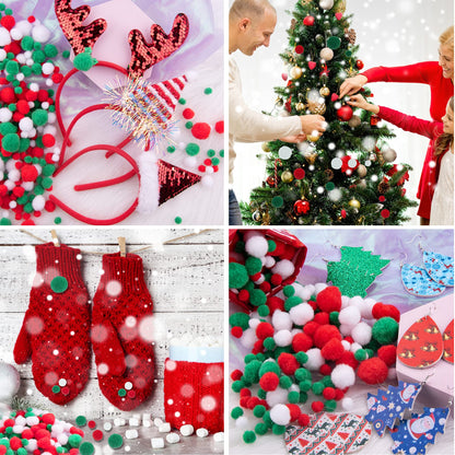 BQTQ 1200 Pieces Christmas Pom Pom Tinsel Balls Glitter Fluffy Pompoms for Craft Making and Party Decorations (4 Sizes, White, Green, Red)