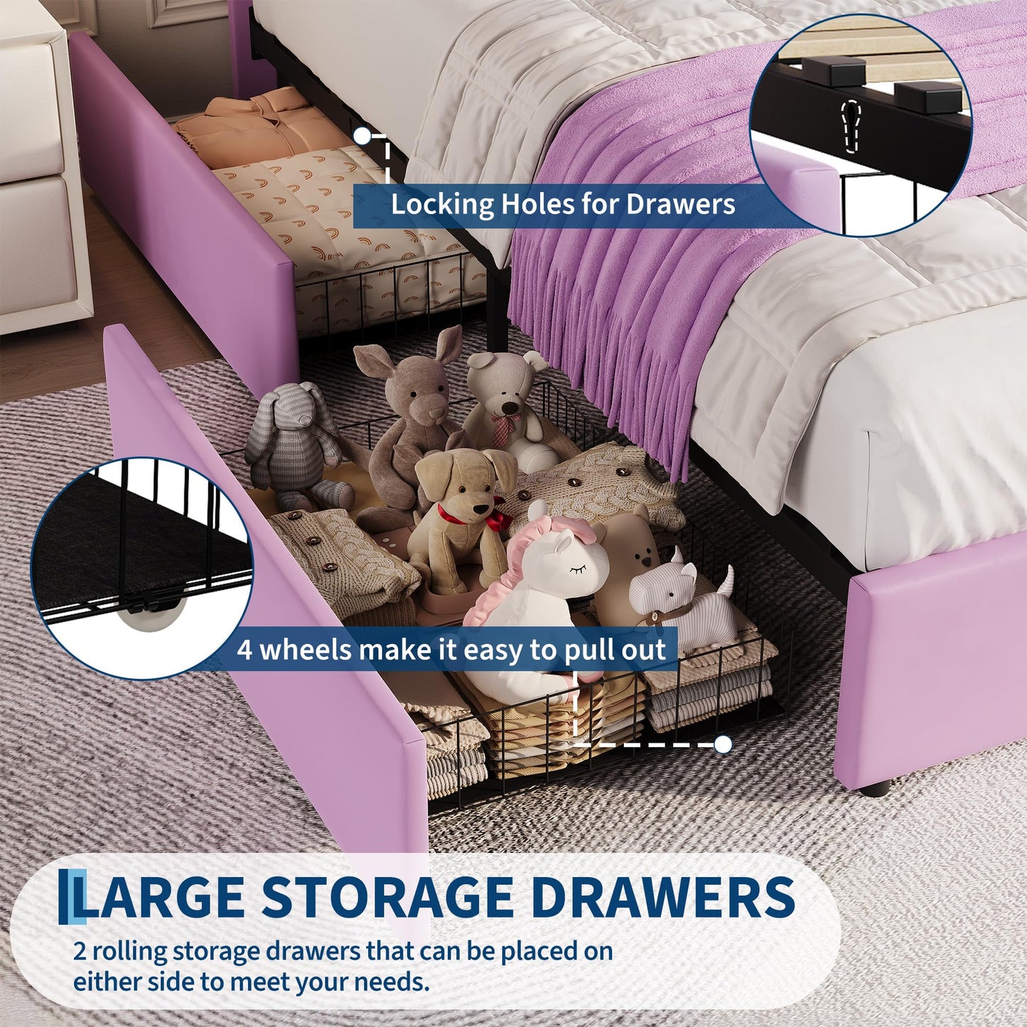 Garvee Full Size Bed Frame with 2 Flexible Drawers, Upholstered Platform Bed Frame with Bookcase Headboard and LED Lights, Kids Bed for Girls, Easy Assembly, Noise Free, Purple