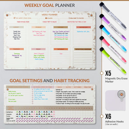 Magnetic Whiteboard for Fridge - Large Dry Erase Calendar for Wall | 3 Magnetic Dry Erase Board 10.5" x 16.5" & 7" x 16.5", Monthly Goal Setting & Habit Tracker, 5 Markers and 6 Adhesive Hooks