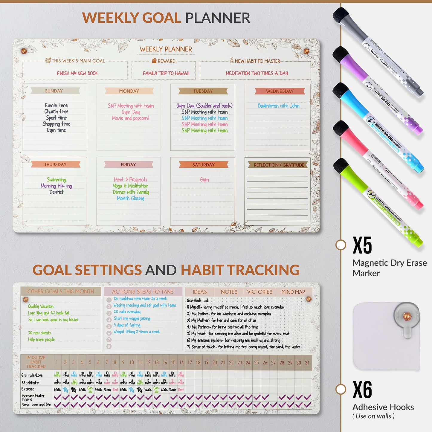 Magnetic Whiteboard for Fridge - Large Dry Erase Calendar for Wall | 3 Magnetic Dry Erase Board 10.5" x 16.5" & 7" x 16.5", Monthly Goal Setting & Habit Tracker, 5 Markers and 6 Adhesive Hooks