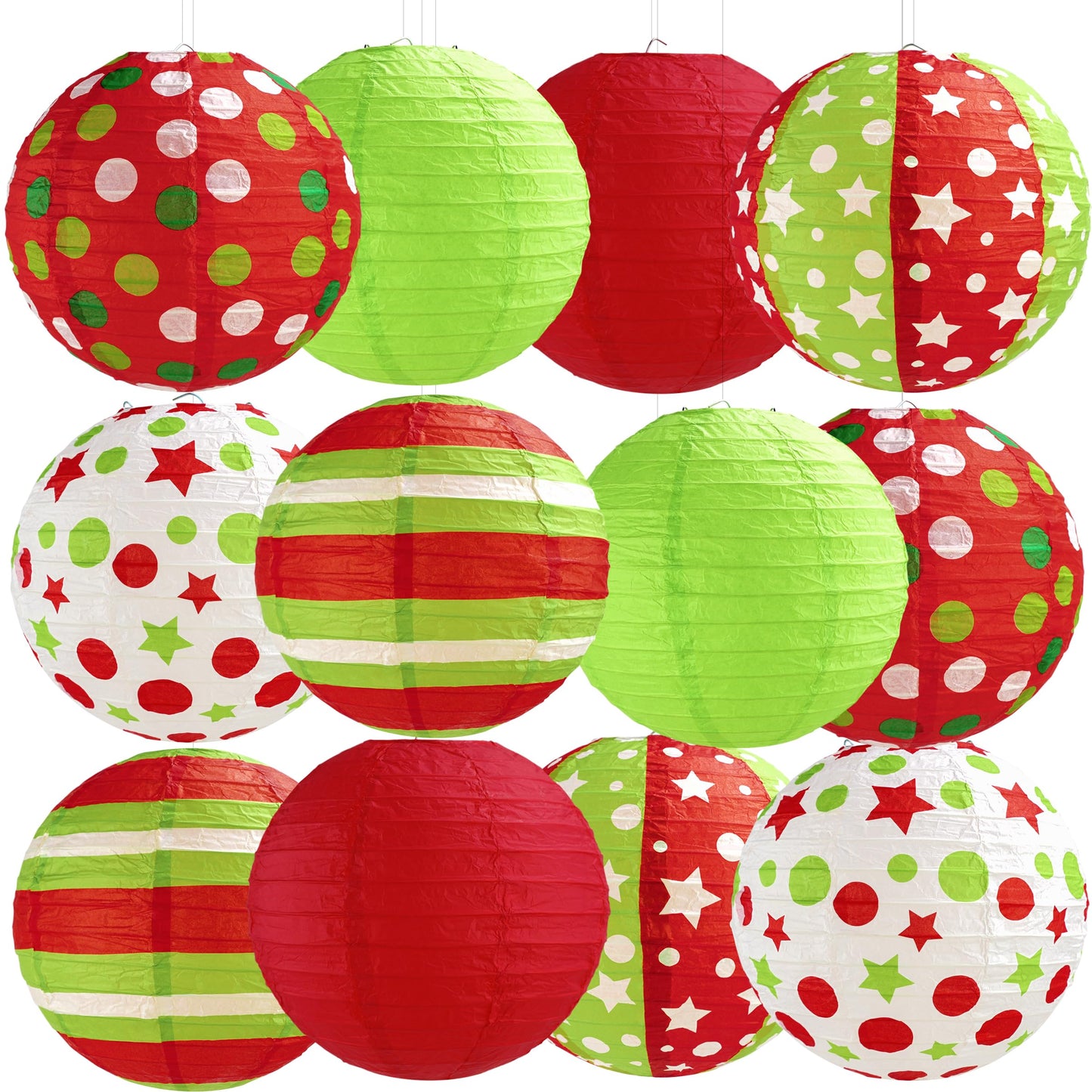12 Pcs Red Green Christmas Hanging Paper Lanterns 8 Inch Christmas Party Lanterns Indoor Outdoor Decorative for Xmas Holiday Party Baby Shower Birthday