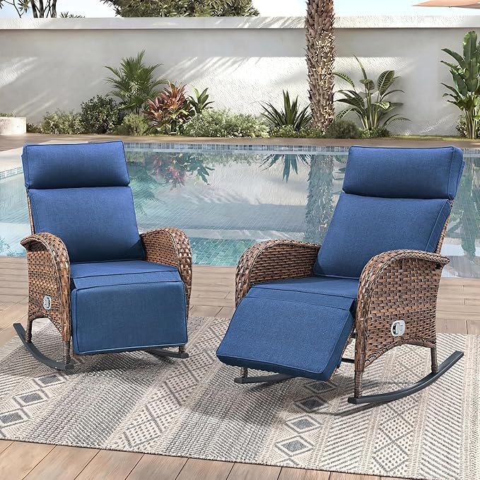 Zero Gravity Patio Rocking Wicker Recliner Chairs Set of 2- Wicker Outdoor Lounge Chair with Adjustable Backrest & Footrest, All Weather Reclining Rocker Chairs with Thick Cushion for Pool Deck Blue