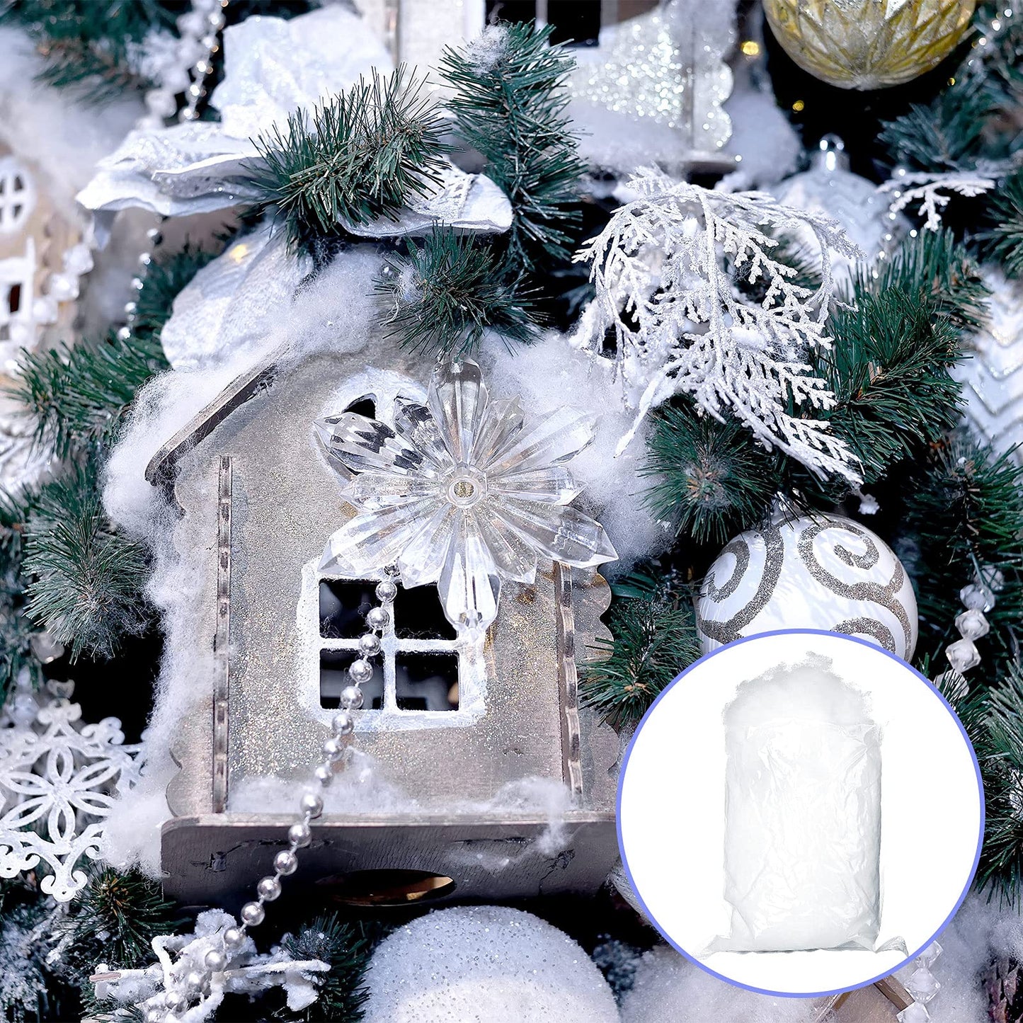 Tatuo 7 oz Fake Snow 200 g Per Bag Artificial Fake Cotton Christmas White Cloud Faux Fluffy Snow Indoor Soft for Winter Christmas Tree Mantle Village Nativity Scene