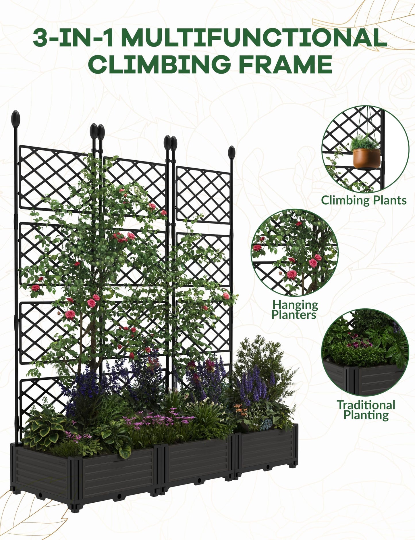 BouPower 4pcs Raised Garden Bed with Trellis & Privacy Screen, 63" h Tall Vertical Planter Box for Climbing Plants, Outdoor Garden Planter Box with Drainage Holes for Patio Balcony, Black