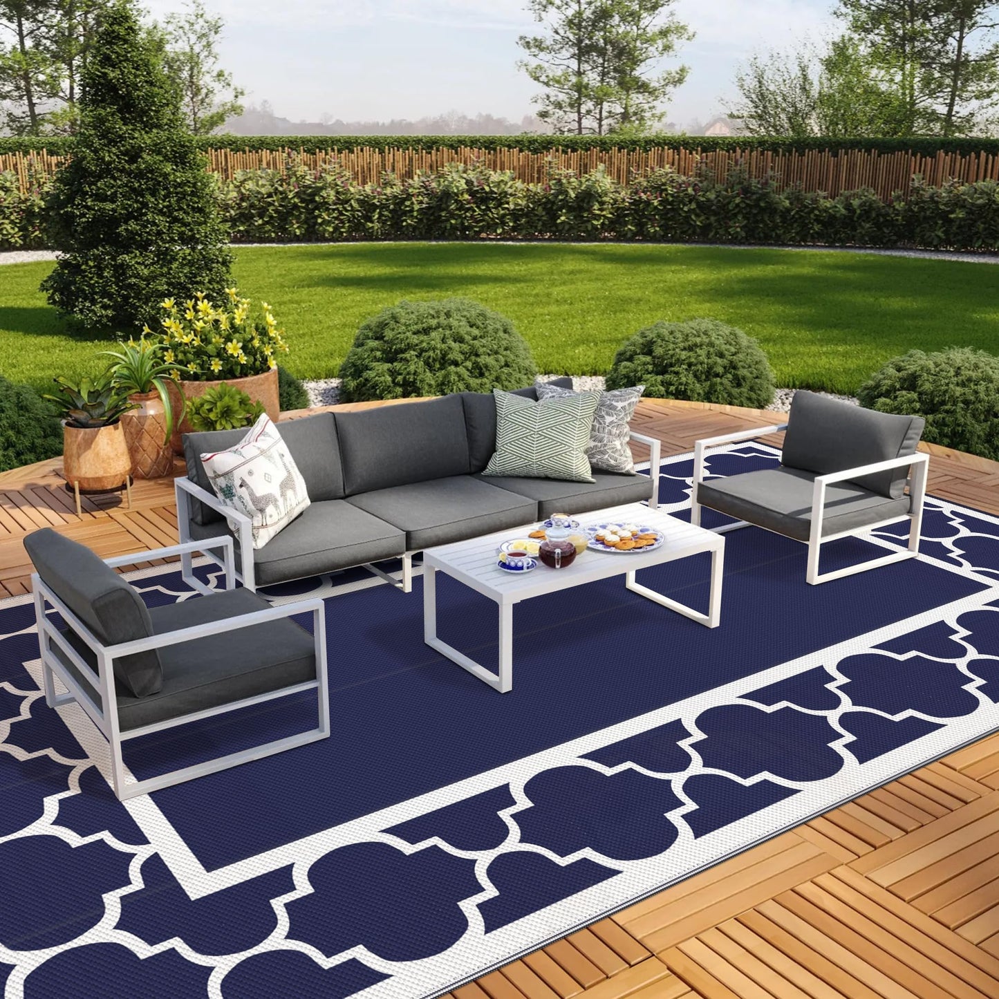 GENIMO 10 ' x 20 ' Outdoor Rug Waterproof for Patio Decor, Foldable Reversible Plastic Straw Area Rugs Mat for Camper, Outside Carpet for Rv, Deck, Porch, Picnic, Beach, Balcony, Blue & White