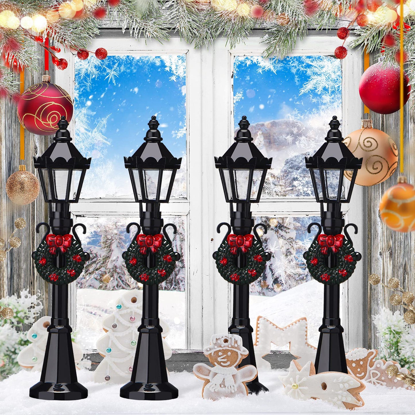 Honoson Christmas Mini Street Light Models Christmas Accessories Miniature Lamp Village Post for Dollhouse Small Street Lamp Garden, Age Over 6 Years(4 Pieces,Classic Style)