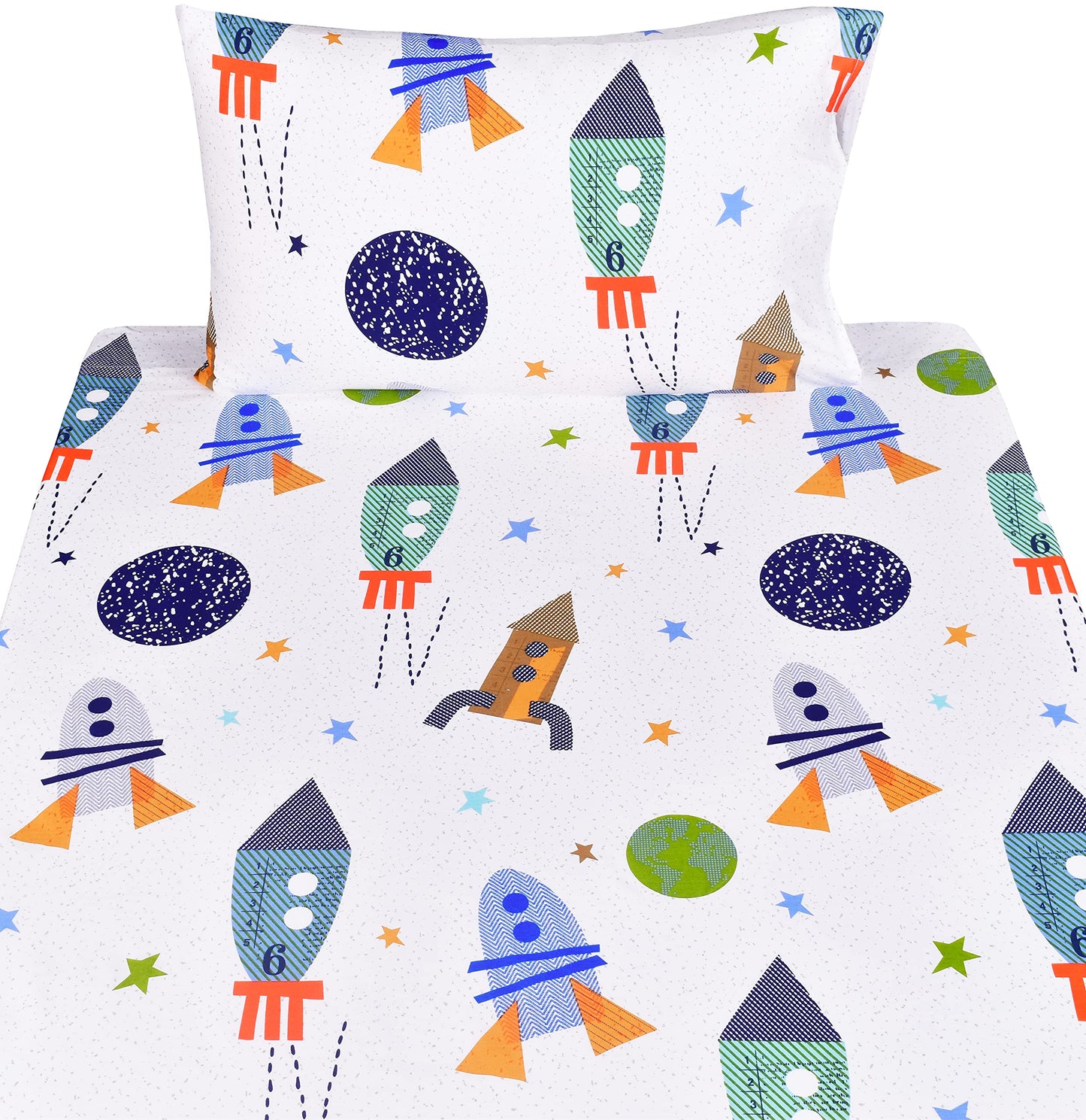 Scientific Sleep Outer Space Airship Rocket Star Explore Teen Boys Girls Cotton Cotton Twin Bed Sheet Set, Flat Sheet & Fitted Sheet & Pillowcase Bedding Set (Space, Twin)
