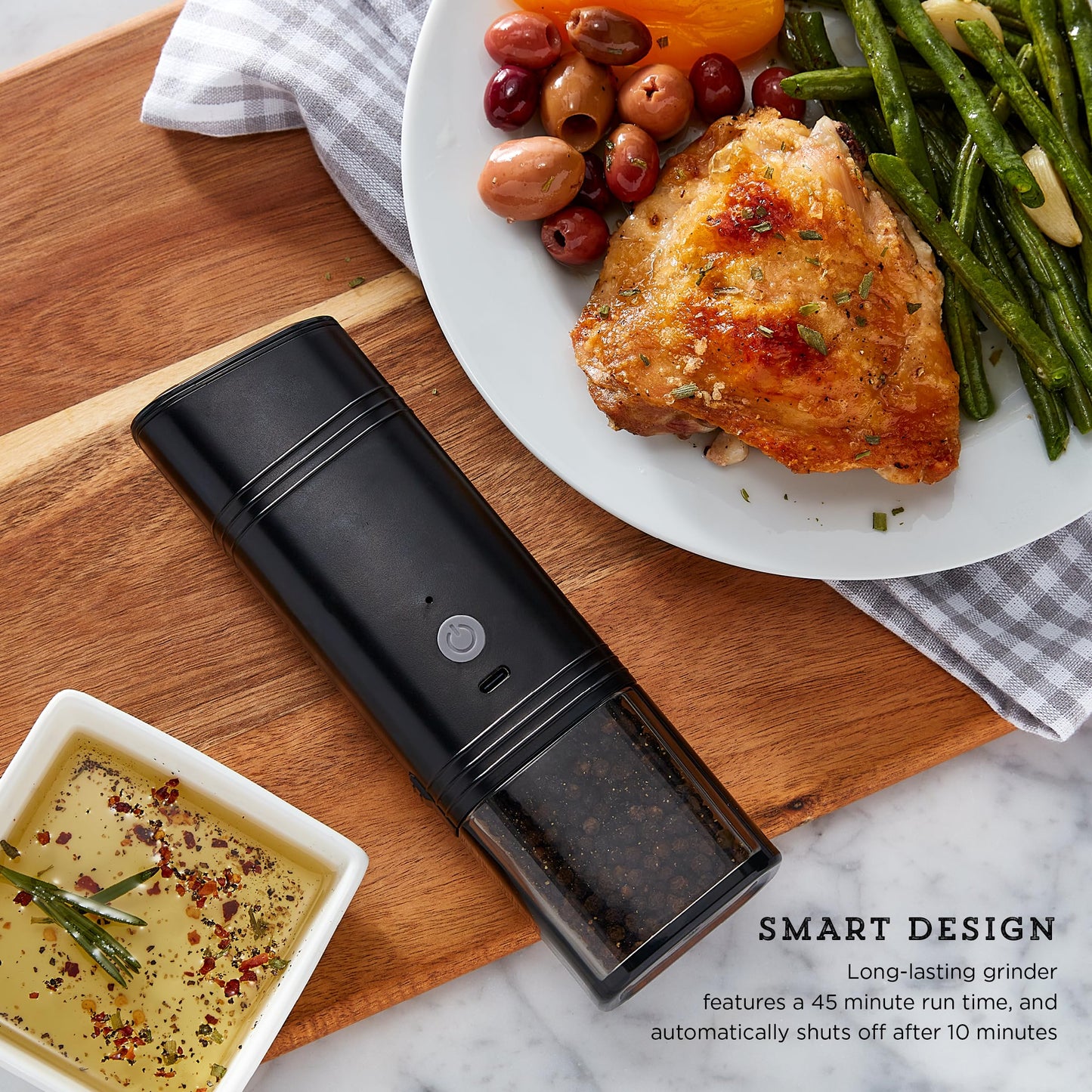 Kamenstein USB Rechargeable Gravity Feed Grinder, Filled With Peppercorns, Black