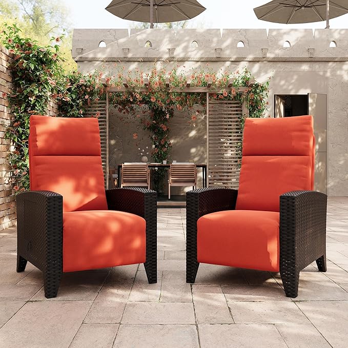 IDEALHOUSE Wicker Outdoor Recliner Reclining Patio Chairs with Adjustable Back & Footrest 150° Lay-Flat Reclining with Air Pump Rattan Flip-Up Side Table Outdoor Lounge Chairs for Pool Deck Balcony