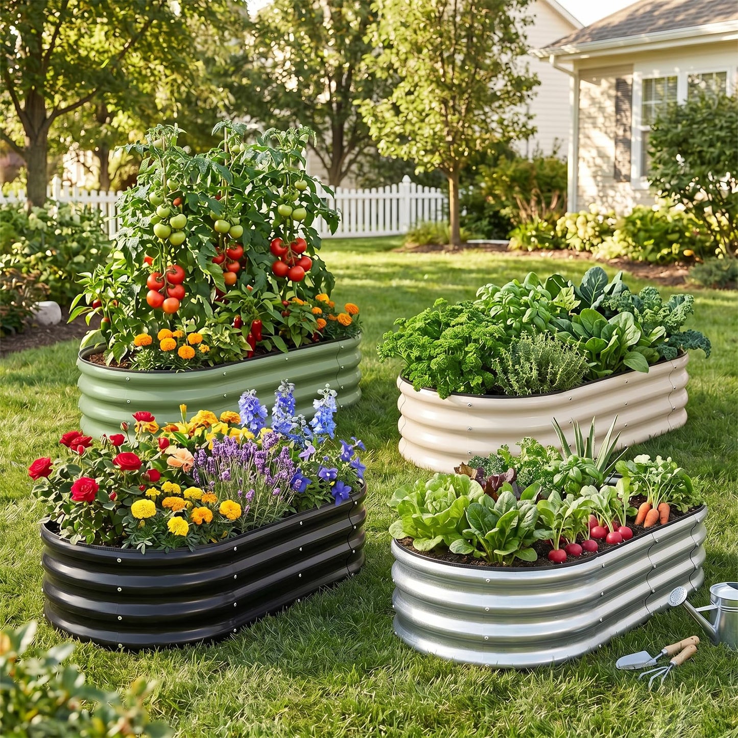 Galvanized Raised Garden Bed- Planter Garden Boxes Outdoor, Raised Beds for Gardening, 4x2x1ft Metal Garden Bed Kit for Vegetables Flower, Planter Raised Bed with Protective Tape & Tools.White-4pack