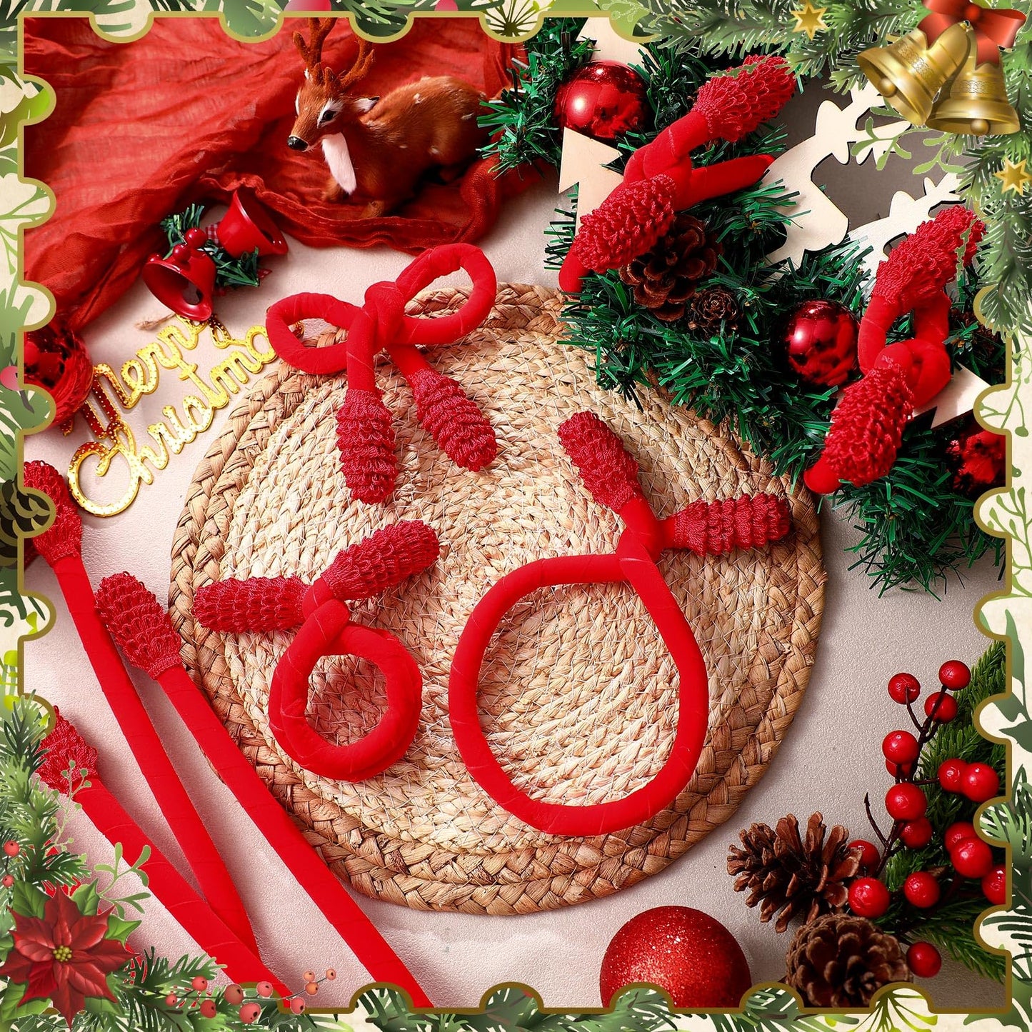 Jutom 16 Pcs 20 Inches Christmas Velvet Garland Ties Decorative Banister Twist Ties Reusable and Flexible for Xmas Light Banisters Home Stairways Railings Decoration(Red)
