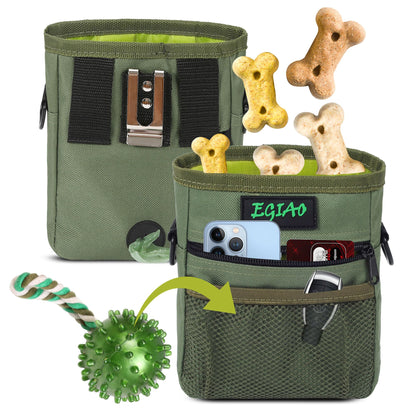 Dog Treat Pouch with Collapsible Dog Bowl, Training Clicker and Poop Bags, Treat Pouches for Pet Training, Magnetic Closure, Built-in Poop Bag Dispenser, Waist Belt Clip, Puppy Treat Bag - Green