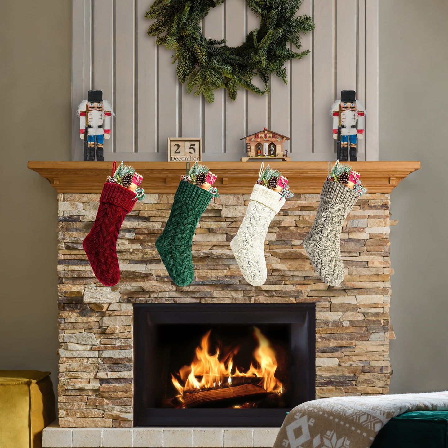 Kunyida Christmas Stockings, 18 Inch Burgundy, Ivory, Green and Khaki Cable Knitted Stocking for Xmas Holiday Decoration, 8 Pack